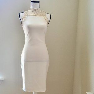 Bisou Bisou Studded Mock Neckline Midi Bodycon Off White Gold Cocktail Dress 2